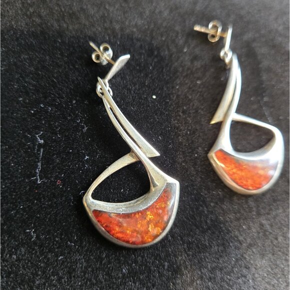 Modernist Amber & Sterling Silver Statement Earrings Abstract Crescent Design - Picture 4 of 9
